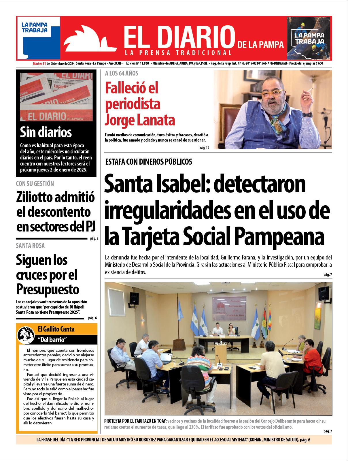 Tapa de El Diario en papel  martes 31 de diciembre de 2025